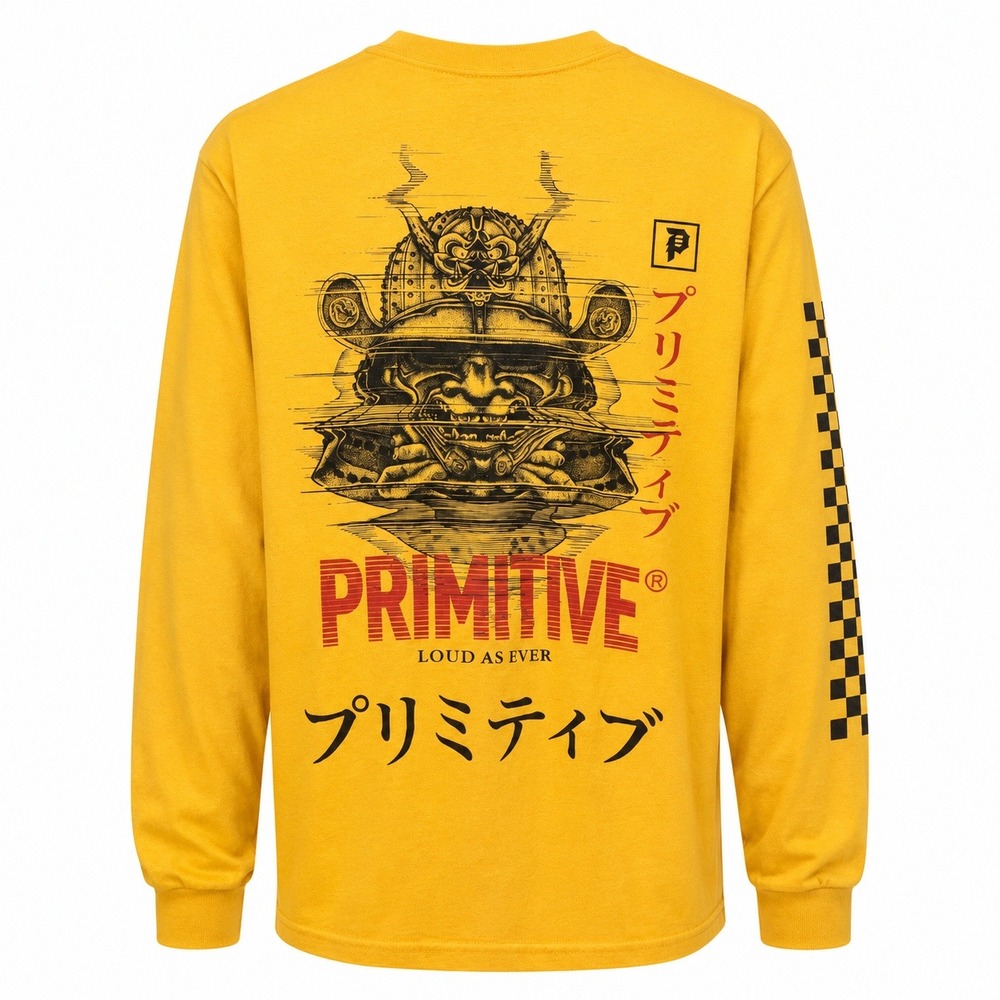 Primitive Samurai Graphic Long Sleeve Shirt Men's Med Gold Yellow Skater‎